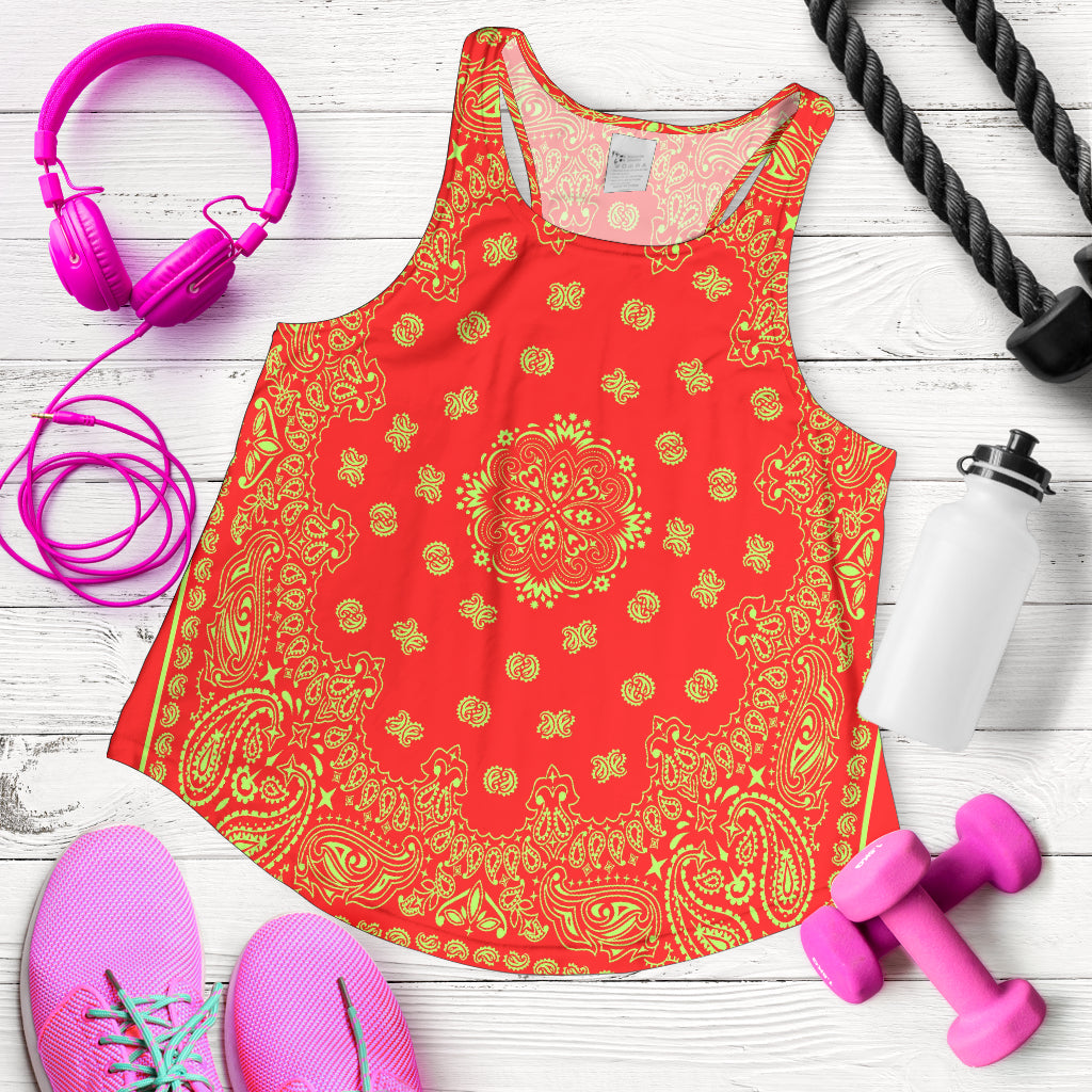 Women's Racer Tank - Lime Bandana on Red