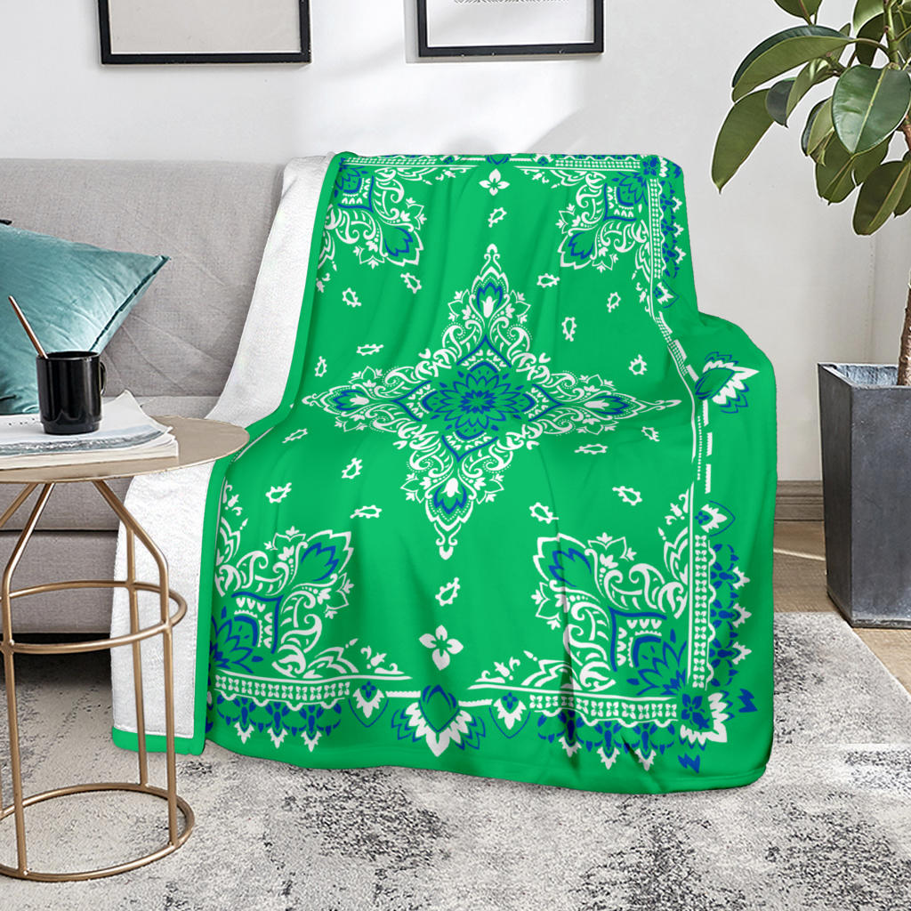 Ultra Plush 3 Blue White on Green Bandana Throw Blanket