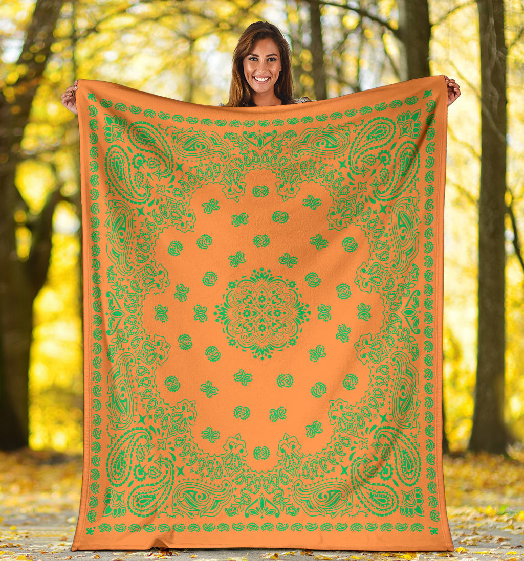 Ultra Plush 2 Green on Orange Bandana Throw Blanket