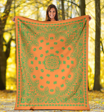 Ultra Plush 2 Green on Orange Bandana Throw Blanket