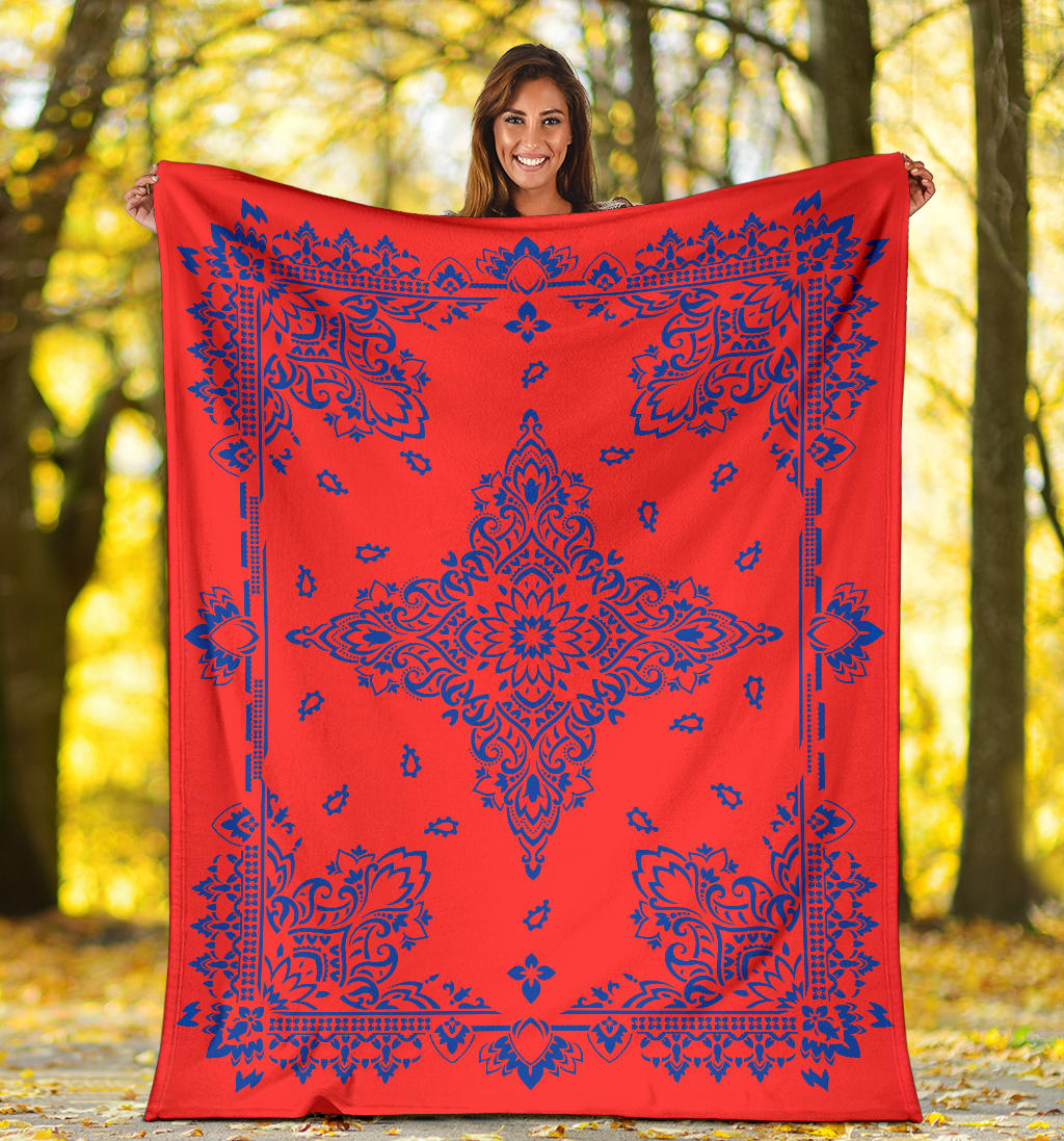 Ultra Plush 3 Cobalt on Red Bandana Throw Blanket