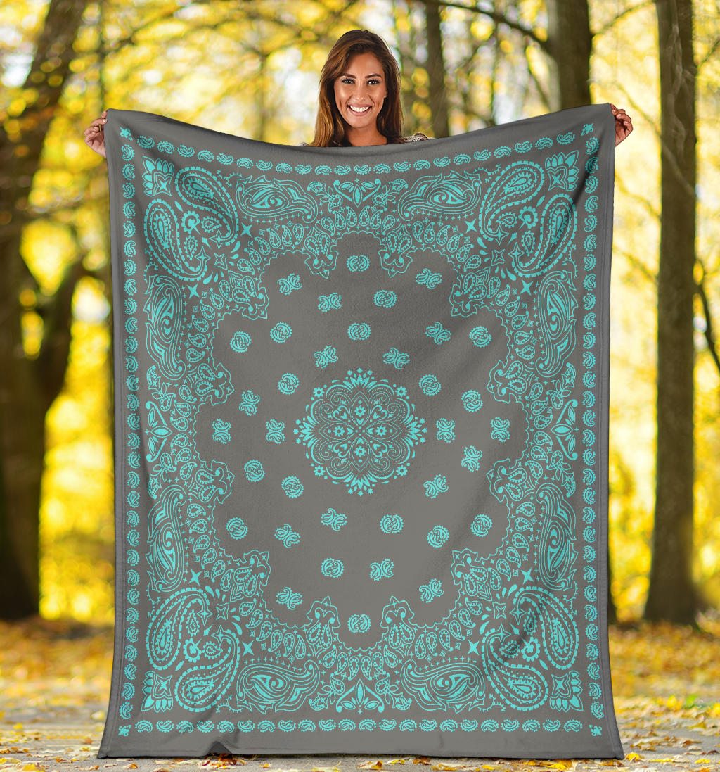 Ultra Plush 2 Lt Teal on Gray Bandana Throw Blanket