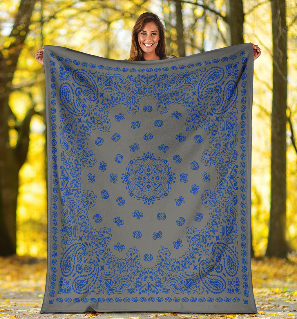 Ultra Plush 2 Cobalt on Gray Bandana Throw Blanket