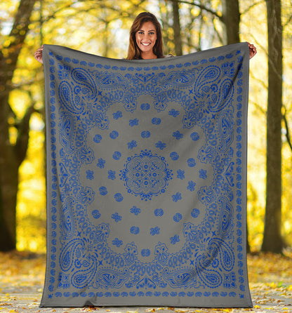 Ultra Plush 2 Cobalt on Gray Bandana Throw Blanket