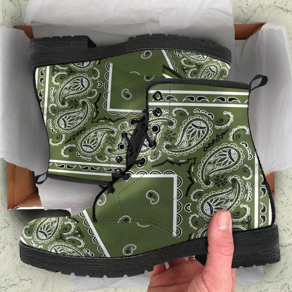 Men's Leather Bandana Boots - Army Green