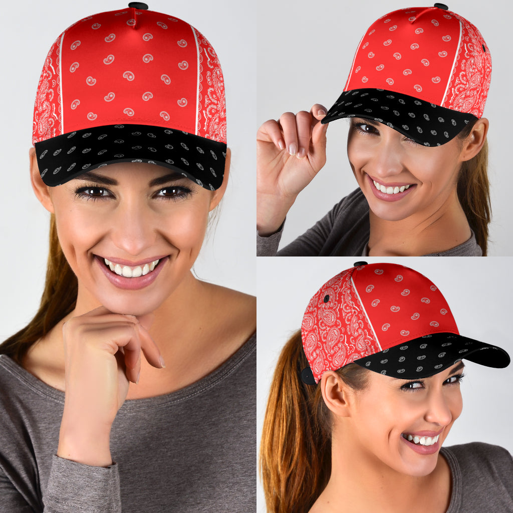Classic Cap - White on Red Bandana Style Black Bill