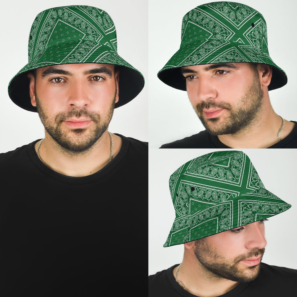 green bucket hat with bandana print