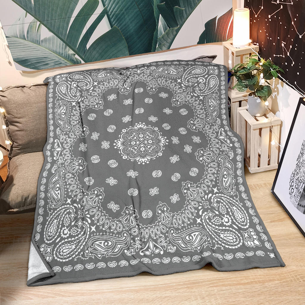 Ultra Plush 2 White on Gray Bandana Throw Blanket