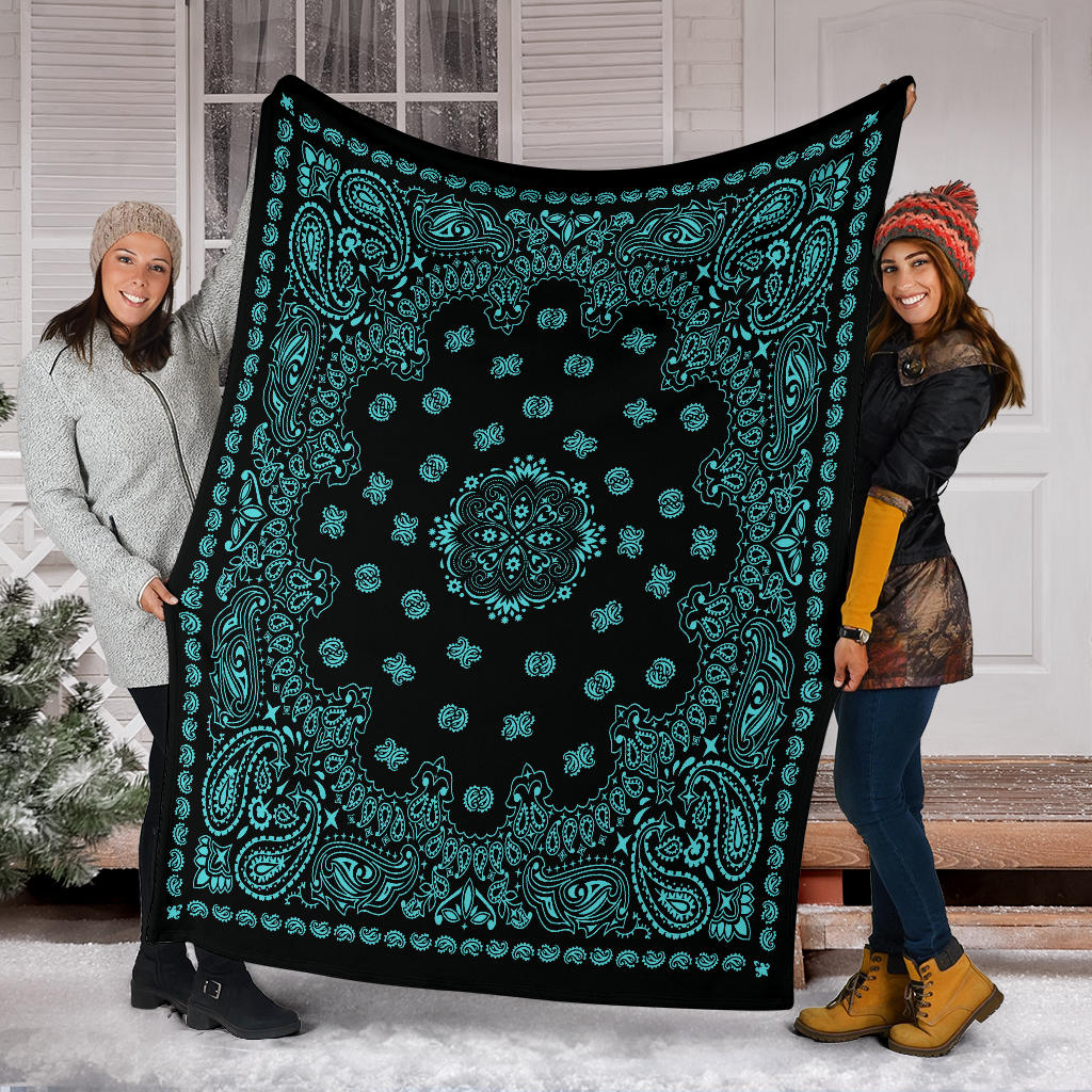 Ultra Plush 2 Lt Teal on Black Bandana Throw Blanket