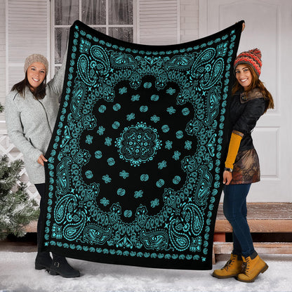 Ultra Plush 2 Lt Teal on Black Bandana Throw Blanket
