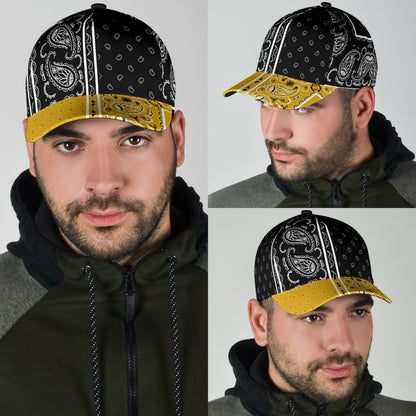 Classic Cap - Black Bandana Style w Gold Bill