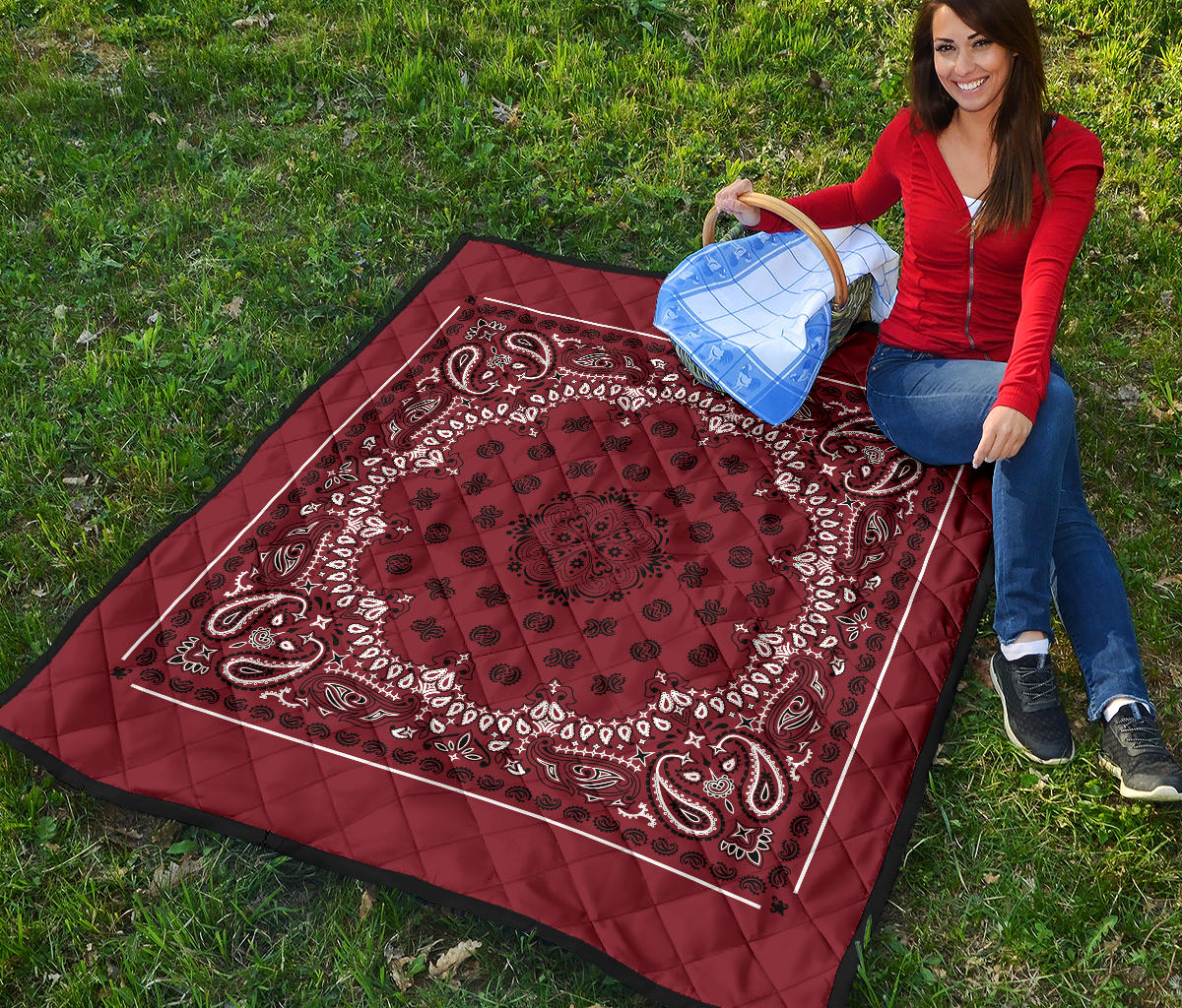 Quilt 2 Black White Bandana on Maroon