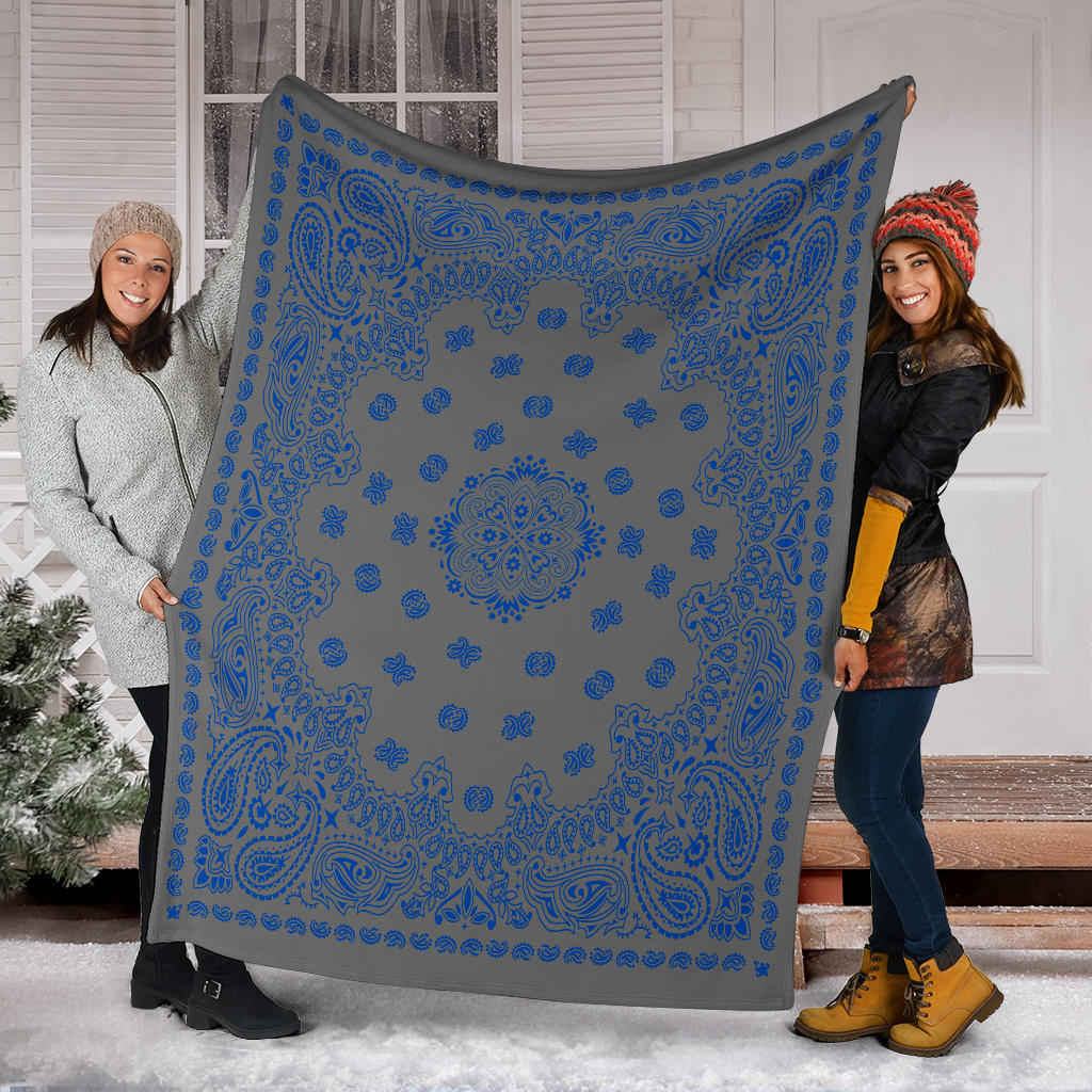 Ultra Plush 2 Cobalt on Gray Bandana Throw Blanket