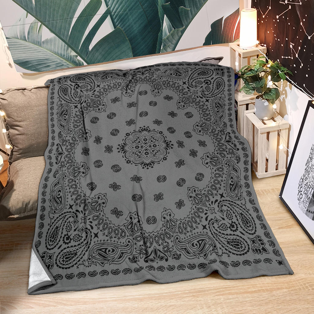 Ultra Plush 2 Black on Gray Bandana Throw Blanket