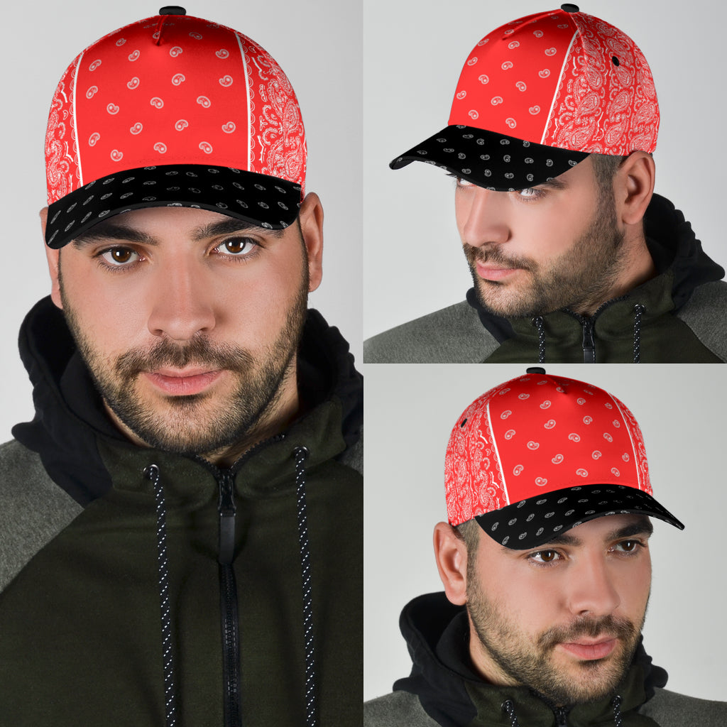Classic Cap - White on Red Bandana Style Black Bill