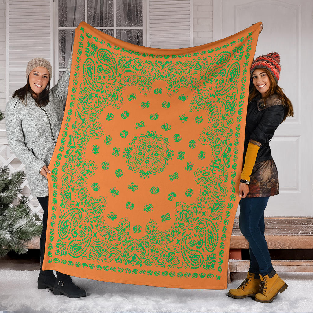 Ultra Plush 2 Green on Orange Bandana Throw Blanket