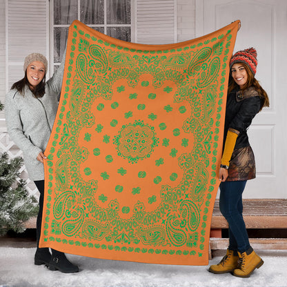 Ultra Plush 2 Green on Orange Bandana Throw Blanket