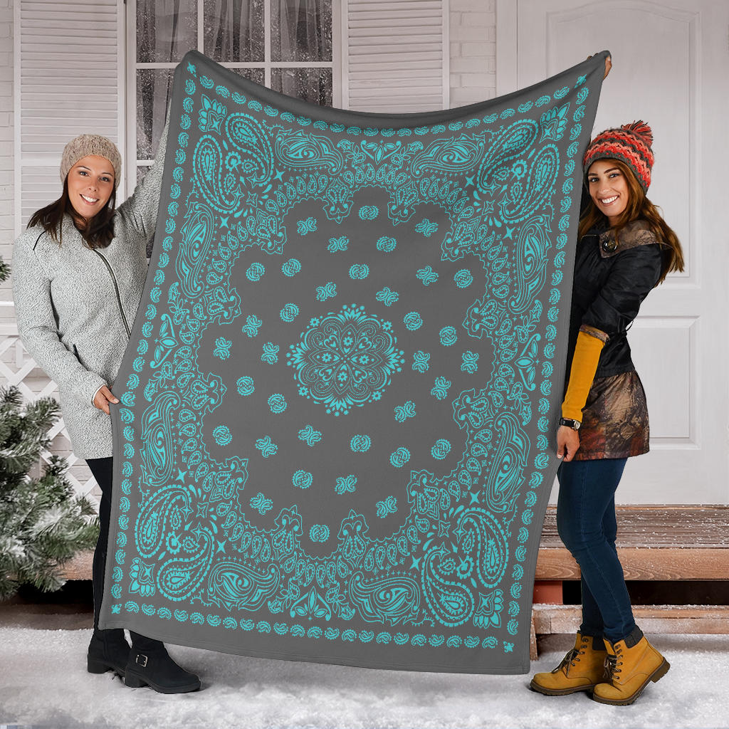 Ultra Plush 2 Lt Teal on Gray Bandana Throw Blanket