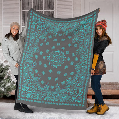 Ultra Plush 2 Lt Teal on Gray Bandana Throw Blanket