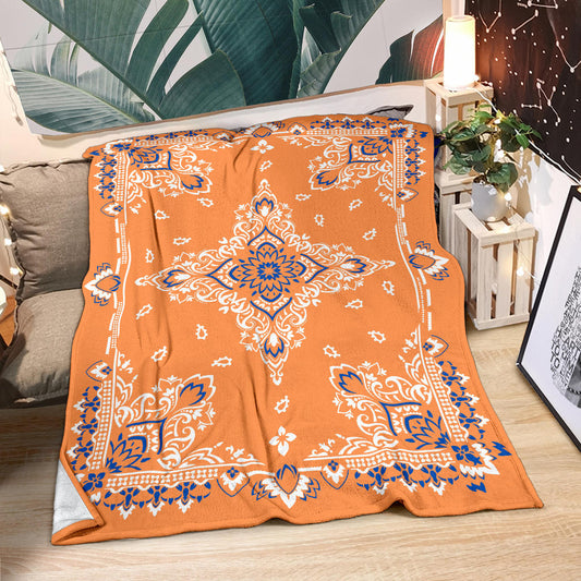 Ultra Plush 3 White/Blue on Orange Bandana Throw Blanket