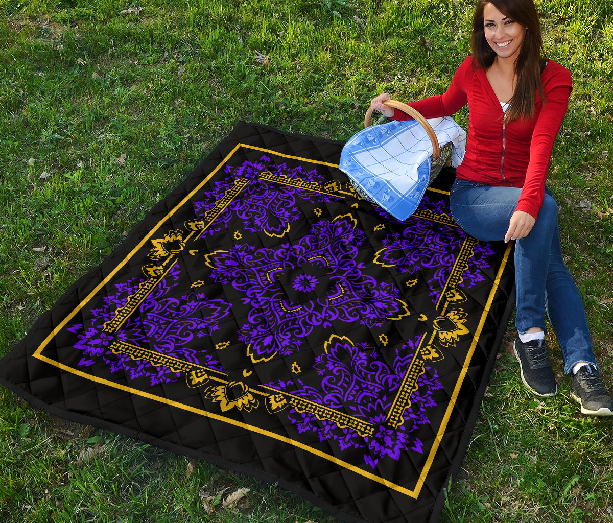 Quilt 3 Violet Gold Bandana on Black w Sq