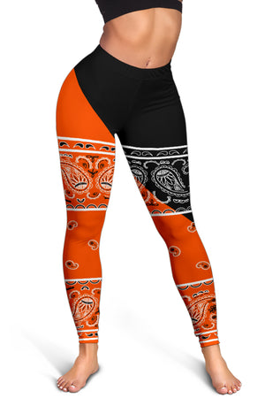 Women's Leggings - Orange Black Bandana