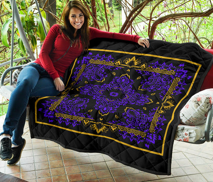 Quilt 3 Violet Gold Bandana on Black w Sq