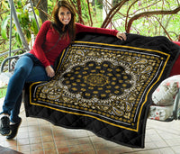 Quilt 2 Gold White Bandana on Black with Square