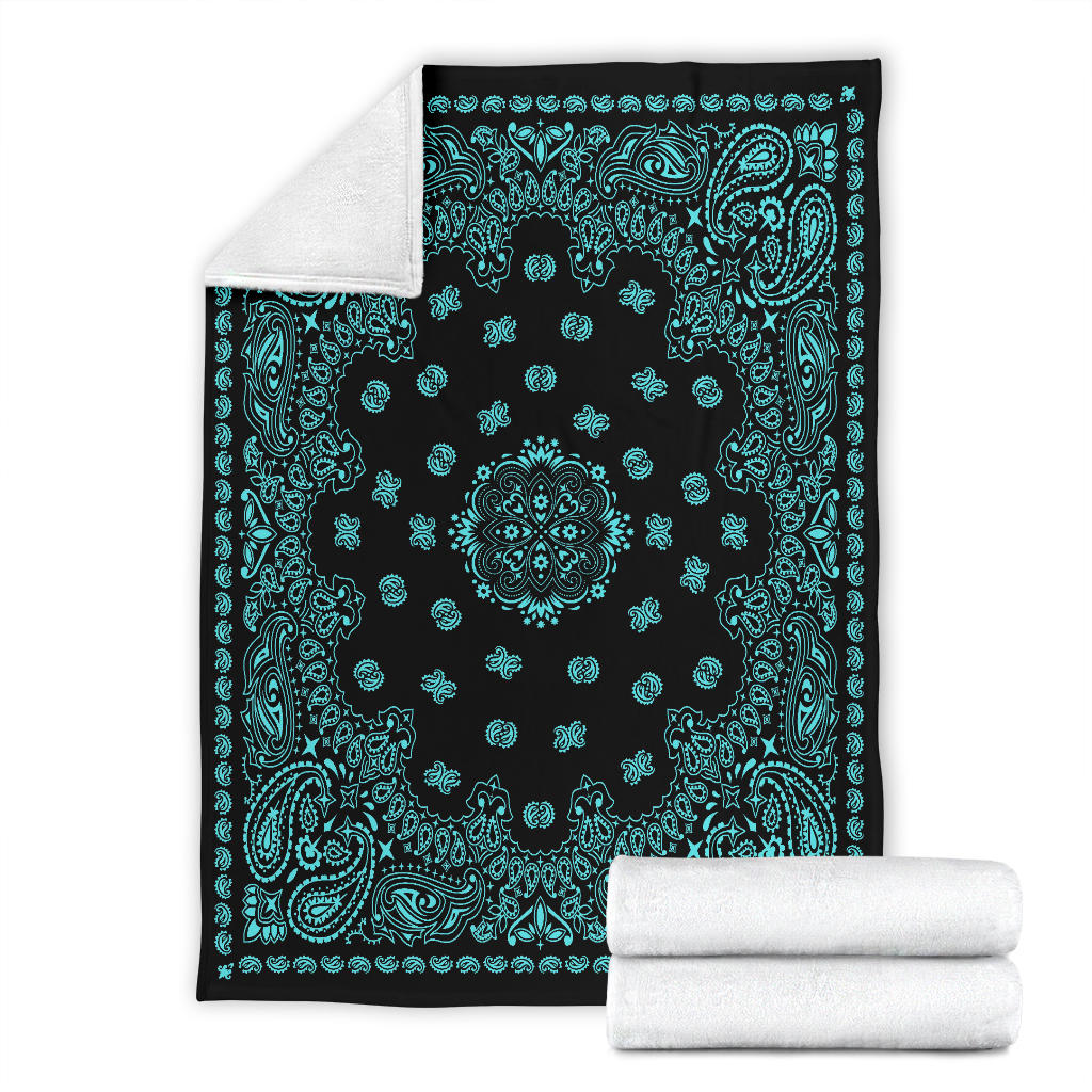 Ultra Plush 2 Lt Teal on Black Bandana Throw Blanket