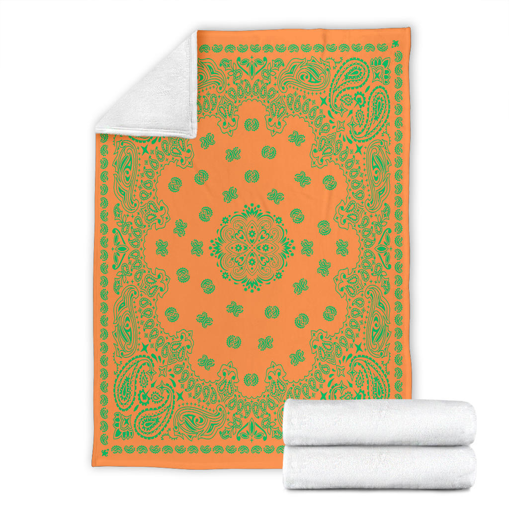 Ultra Plush 2 Green on Orange Bandana Throw Blanket