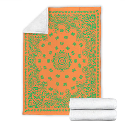 Ultra Plush 2 Green on Orange Bandana Throw Blanket