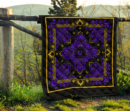 Quilt 3 Violet Gold Bandana on Black w Sq