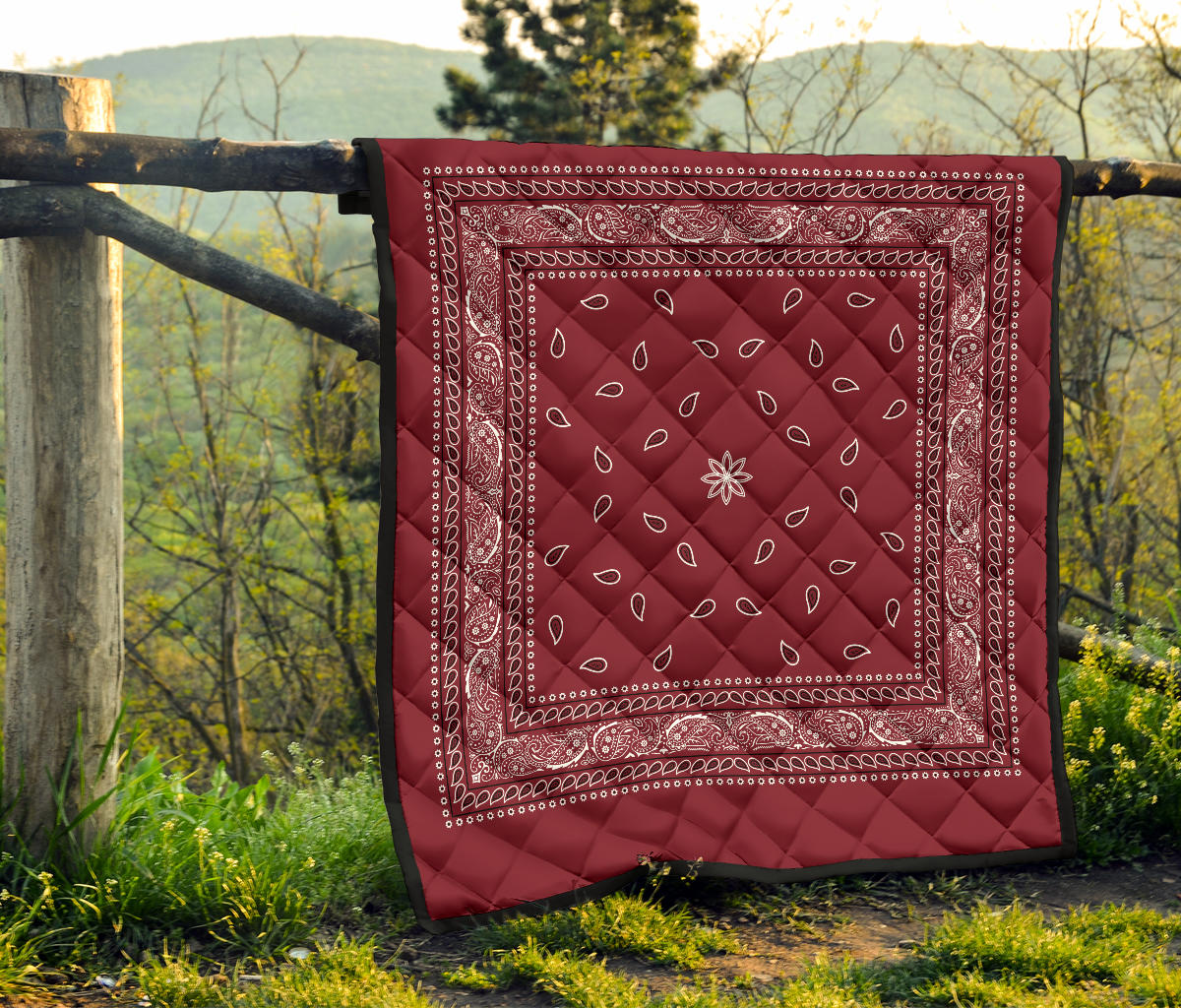 Quilt 4 Black White Bandana on Maroon