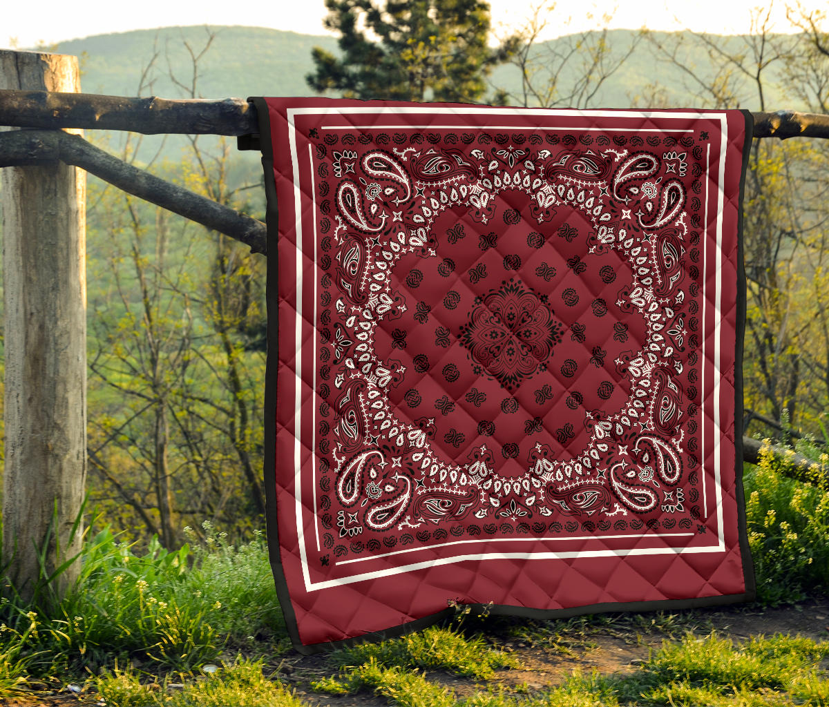 Quilt 2 Black White on Maroon, White Sq