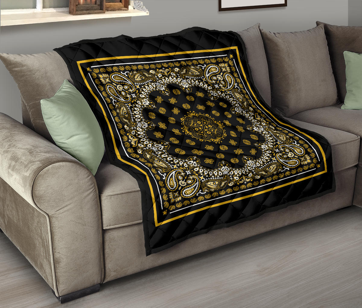 Quilt 2 Gold White Bandana on Black with Square