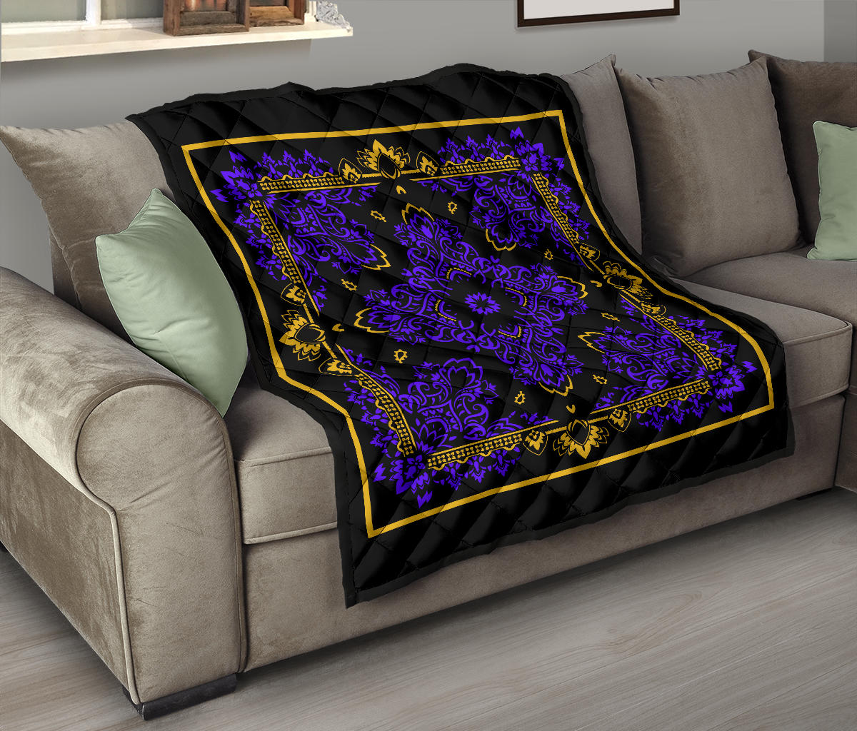 Quilt 3 Violet Gold Bandana on Black w Sq
