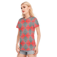 Women's Red Gray Diamond Bandana Cotton Tee