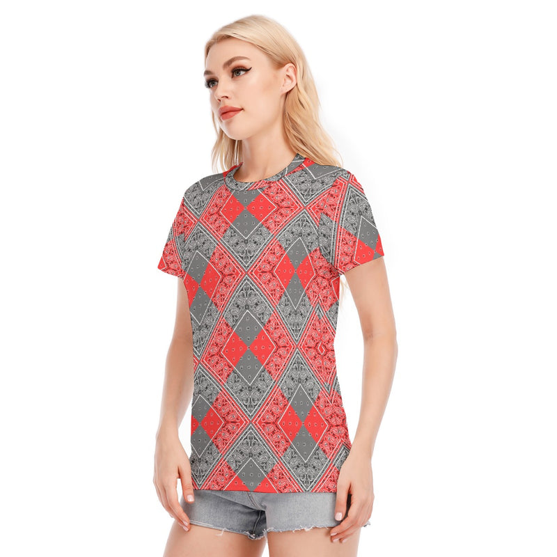 Women's Red Gray Diamond Bandana Cotton Tee