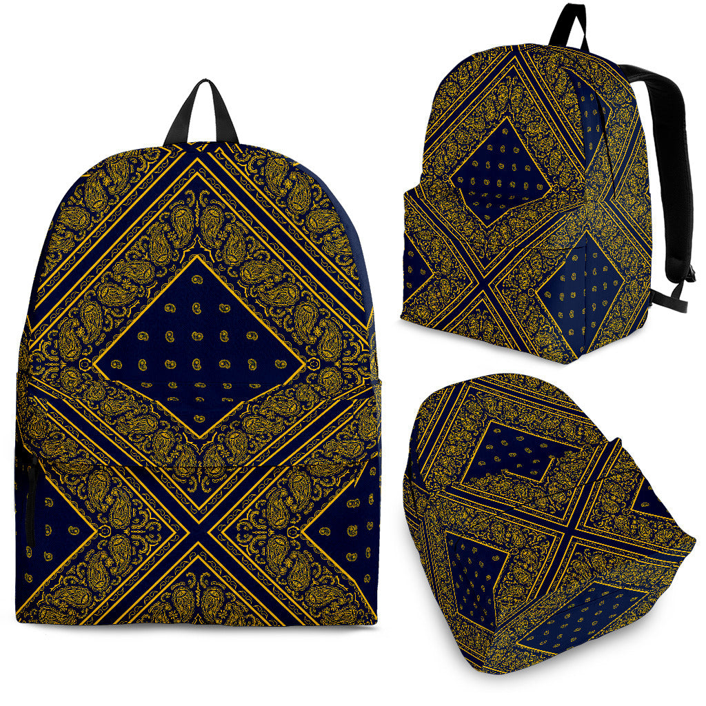navy and gold backpack