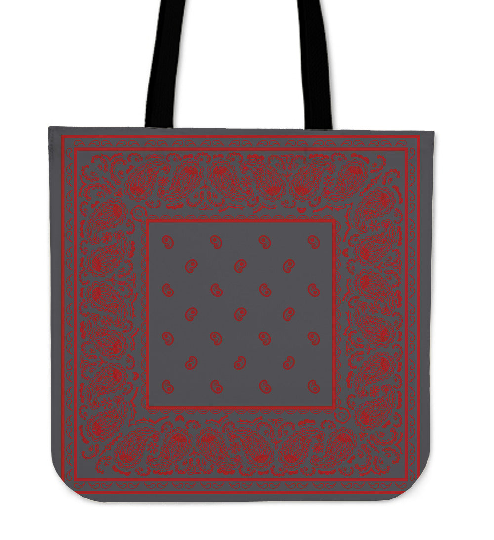 gray and red bandana bag