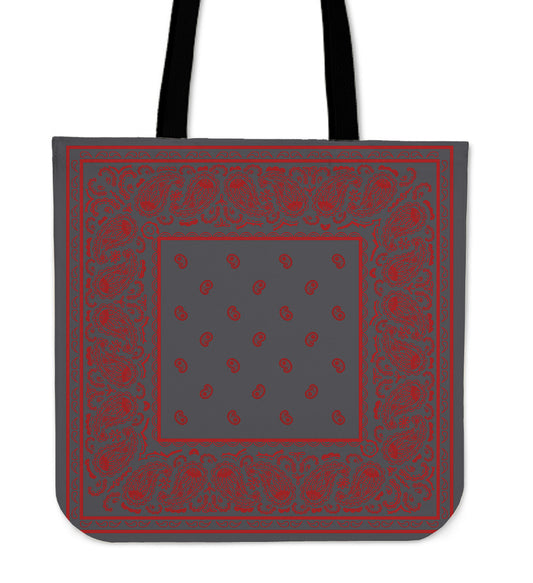 gray and red bandana bag