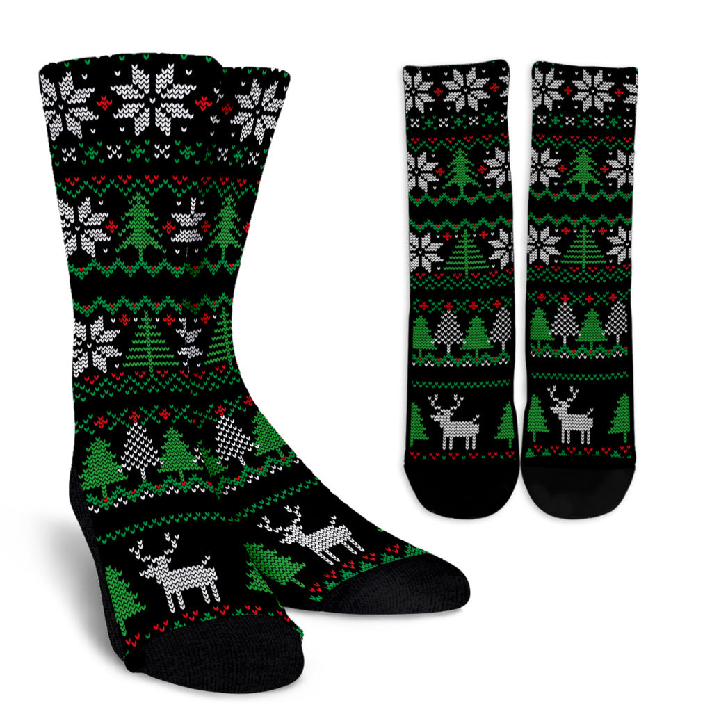 Christmas Socks - Knit Style Black and Green Snowflakes