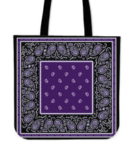 purple and black bandana tote bag