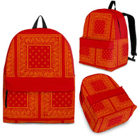 red backpack with bandana pattern