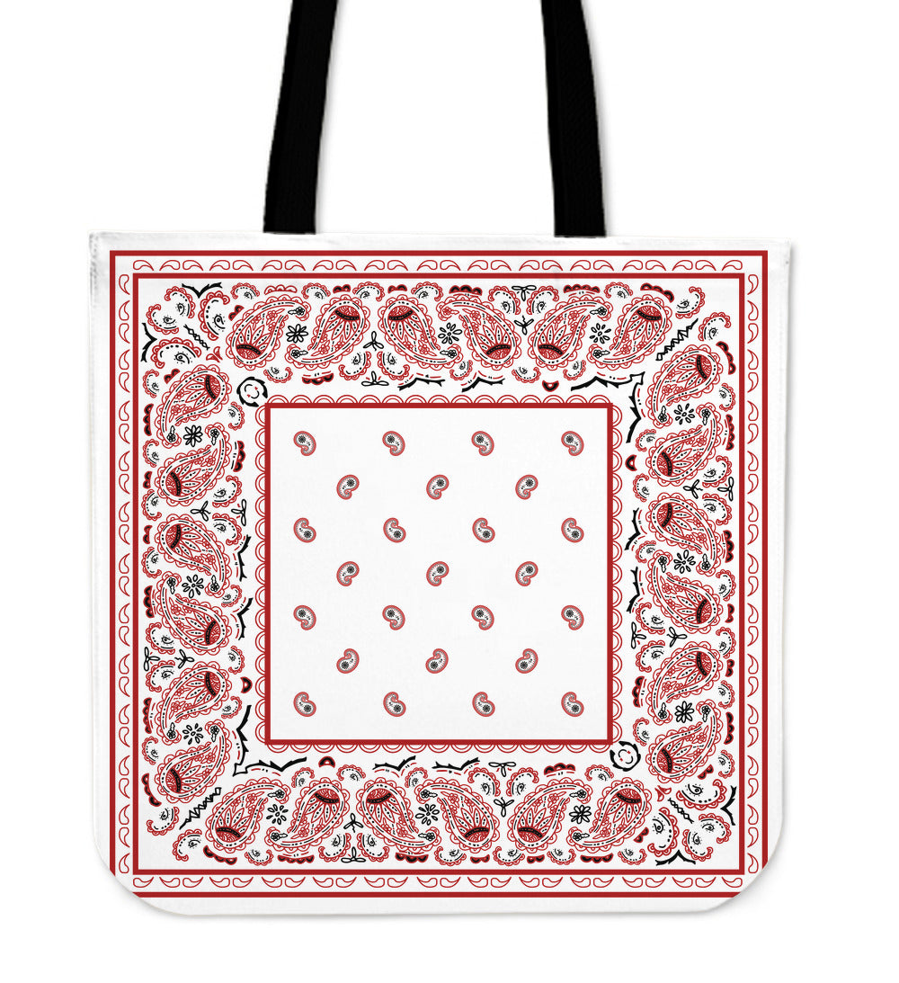 white and red bandana tote