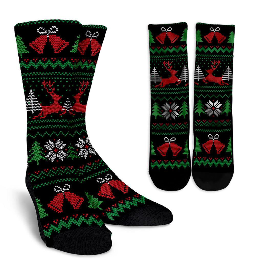 Christmas Socks - Knitted Style Pattern Black and Green Socks