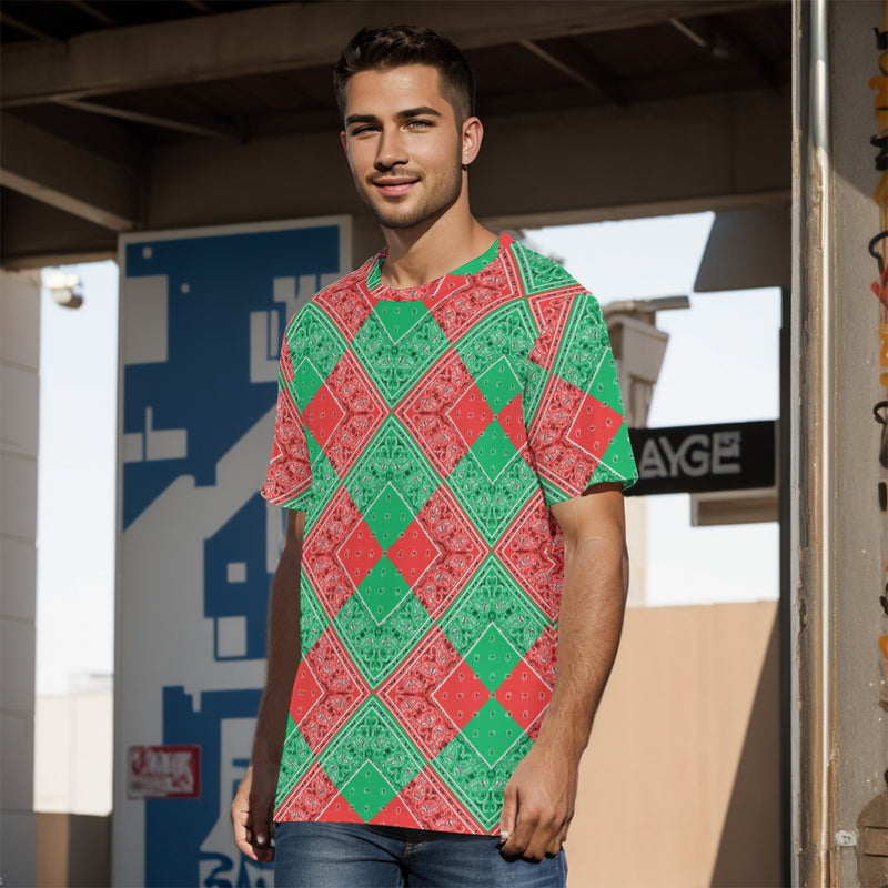 Men's Red Green Diamond Bandana Cotton Tee