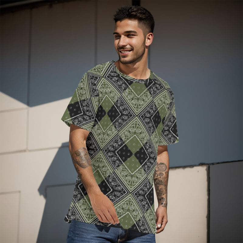 Men's Army Green Black Diamond Bandana Cotton Tee