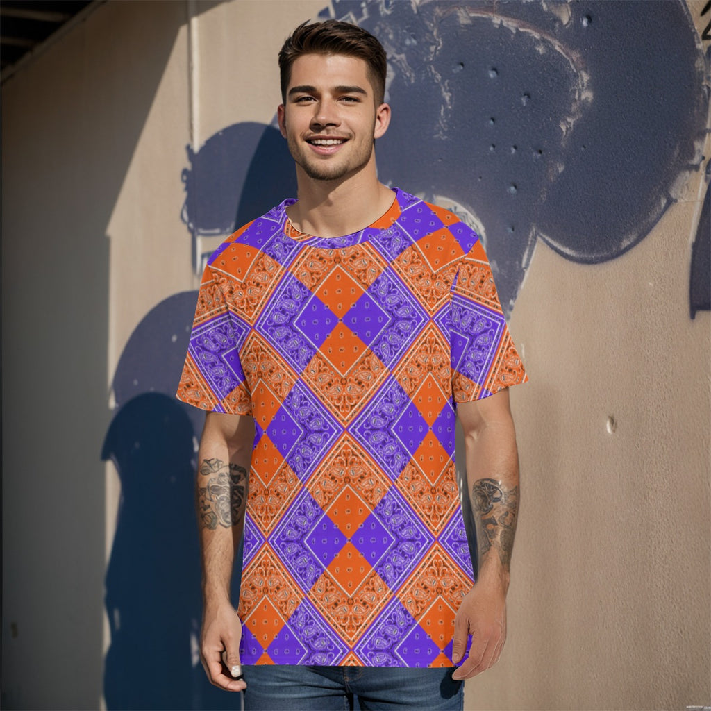 Men's Orange and Purple Diamond Bandana Cotton TShirt