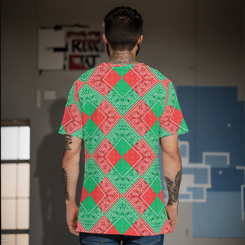 Men's Red Green Diamond Bandana Cotton Tee